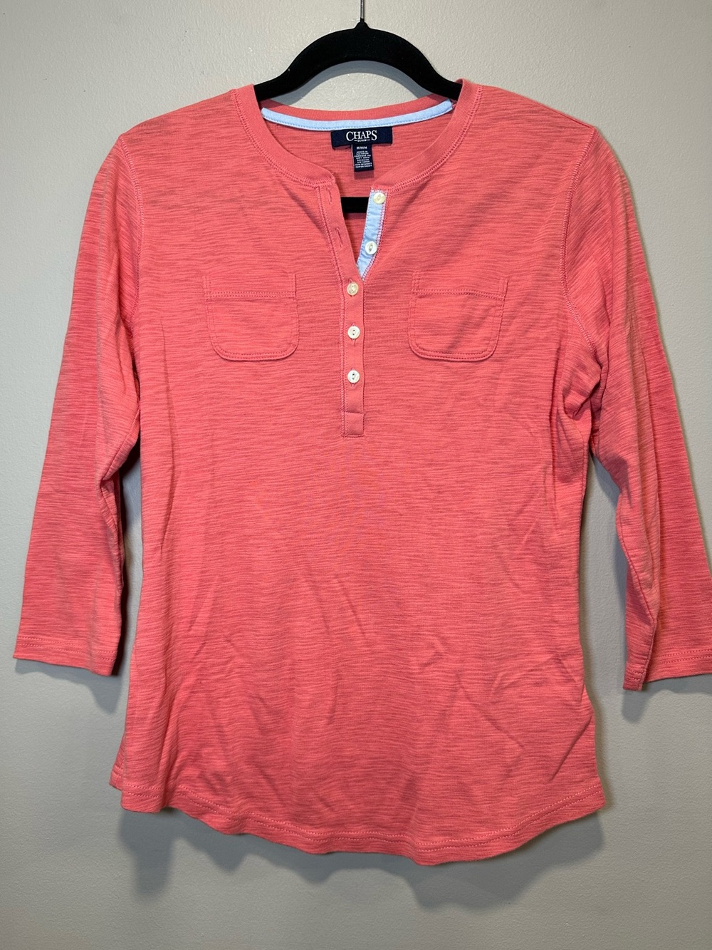 CHAPS Coral Pink Heathered Henley Top 3/4 Sleeve EUC - Size M